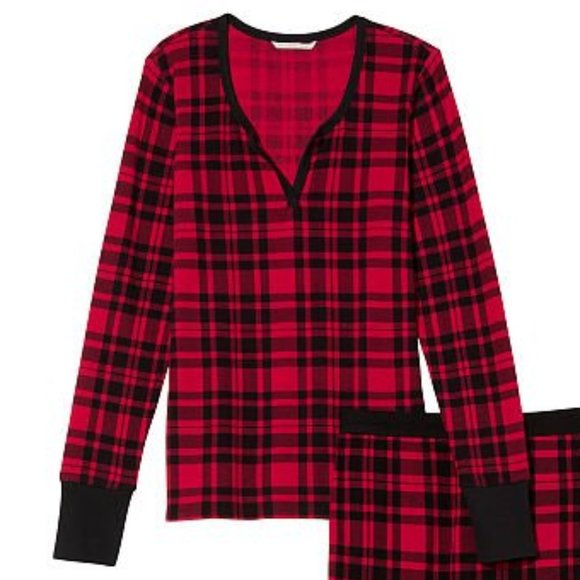 VS L Thermal Long Pajama Set Adorable Plaid Checkered Red Black PJ P.J. PJs NWT - Picture 10 of 14